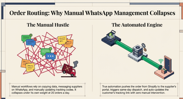 Split illustration comparing chaotic manual order handling via WhatsApp with an automated Shopify order routing system, showing how automation enables seamless order flow, same-day dispatch, and automatic tracking updates without manual effort.