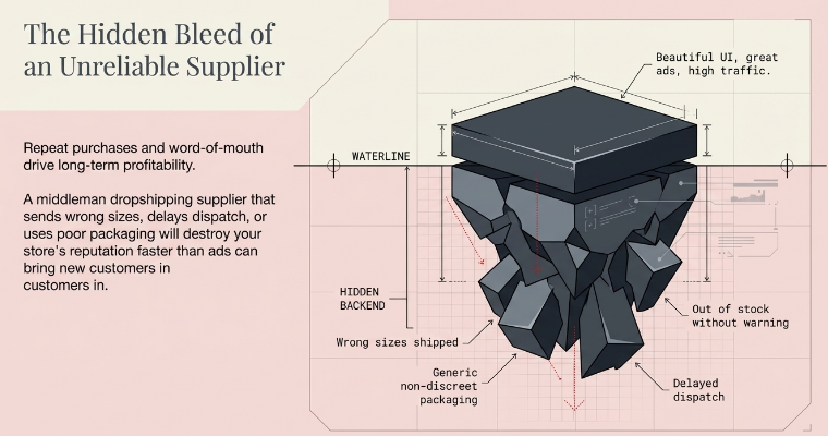 Illustration of an iceberg representing supplier issues beneath the surface, showing hidden problems like wrong sizes, delayed dispatch, poor packaging, and stock instability that damage ecommerce trust and profitability.
