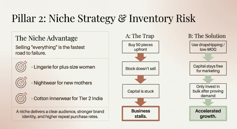 Niche strategy infographic for starting an online fashion business showing niche examples like plus-size lingerie and nightwear, and comparing inventory risk between buying stock upfront vs using dropshipping or low-MOQ suppliers.
