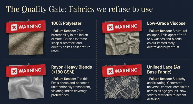 Infographic highlighting fabrics rejected for nightwear including 100% polyester, low-grade viscose, rayon blends under 180 GSM, and unlined lace, explaining issues like poor breathability, durability problems, transparency, and discomfort in Indian conditions.
