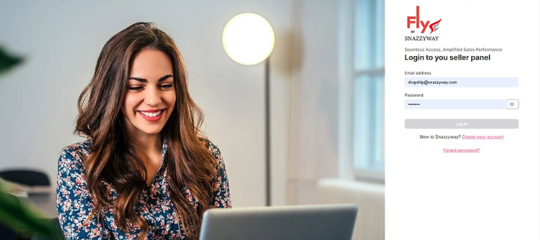Seller logging into Snazzyway Fly platform dashboard on laptop showing login page for managing orders, products, and dropshipping business