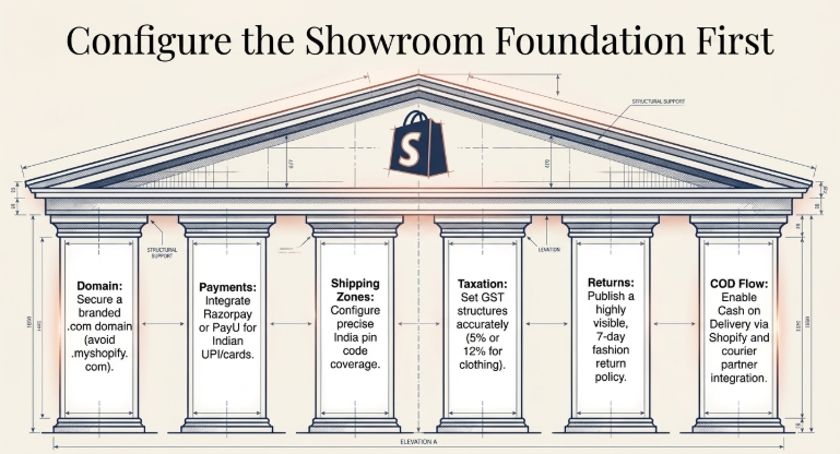 Architectural illustration of a temple labeled &ldquo;Configure the Showroom Foundation First,&rdquo; with pillars representing key Shopify setup elements including domain setup, payment gateway integration, shipping zones, GST taxation, returns policy, and COD configuration.