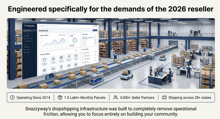 Snazzyway dropshipping infrastructure showing reseller dashboard, automated order tracking, warehouse fulfillment system, and logistics operations supporting 4,000+ reseller partners.