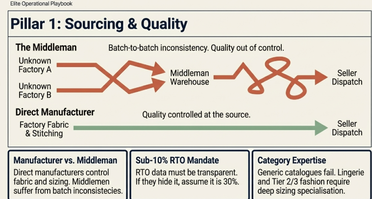 Infographic titled &ldquo;Pillar 1: Sourcing & Quality&rdquo; comparing middleman sourcing versus direct manufacturer sourcing. The middleman flow shows products from unknown factories passing through a warehouse, leading to batch inconsistency and poor quality control before reaching the seller. The direct manufacturer flow shows a streamlined process with fabric and stitching controlled at the source, ensuring consistent quality before dispatch. Includes notes on manufacturer vs. middleman differences, sub-10% RTO requirement, and the importance of category expertise.