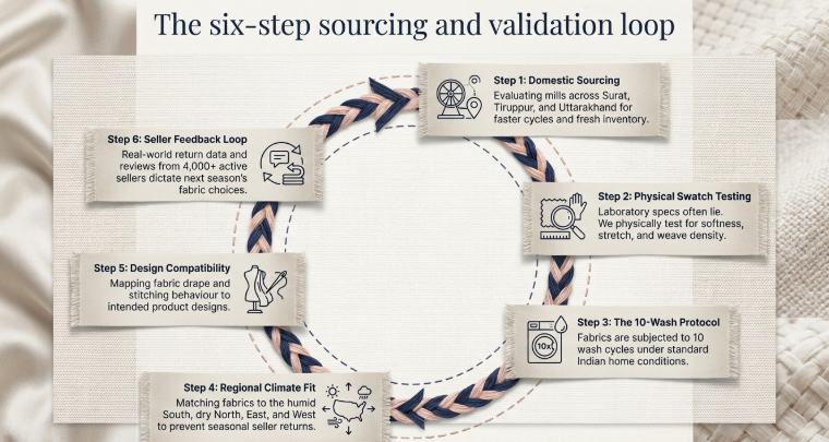 Infographic showing a six-step fabric sourcing and validation process including domestic sourcing, swatch testing, wash testing, regional climate matching, design compatibility, and seller feedback loop to ensure high-quality nightwear fabrics.