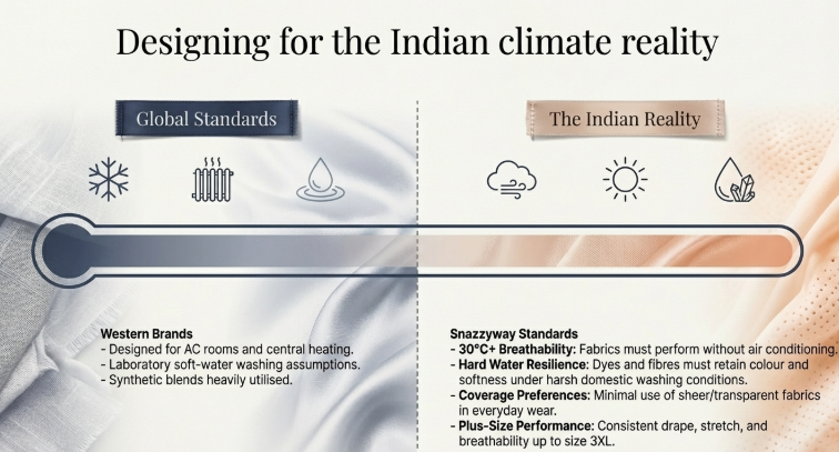 Infographic comparing global apparel standards with Indian climate requirements, highlighting differences like AC-based fabric design versus 30&deg;C+ breathability, hard water resistance, coverage preferences, and plus-size performance in India.