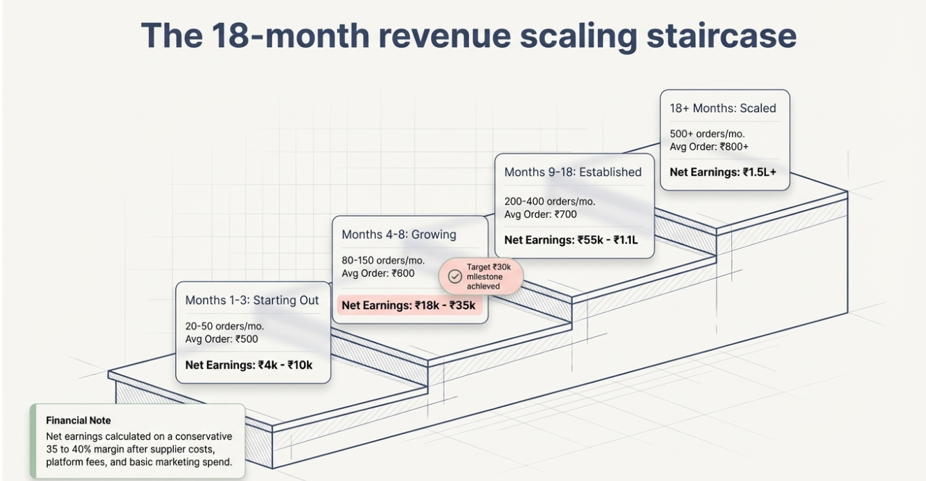 Infographic showing 18-month dropshipping business growth from starting stage to scaled stage with increasing orders, average order value, and net earnings over time