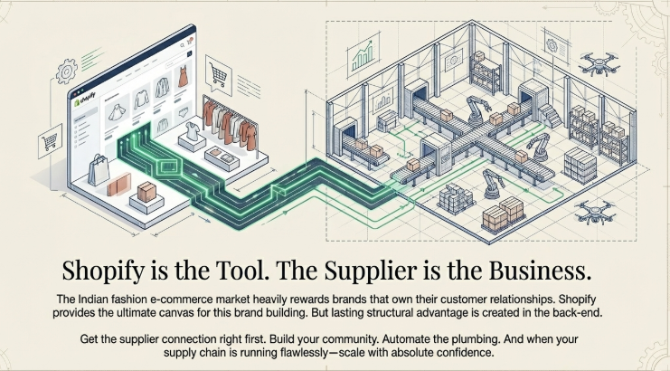 Illustration showing a Shopify storefront connected through digital pipelines to a warehouse and supplier system, emphasizing that while Shopify powers the front-end store, the supplier and backend operations drive the real business success.