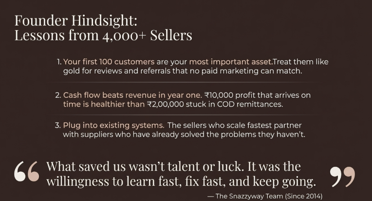 Founder insights infographic sharing lessons from 4,000+ ecommerce sellers about customer trust, cash flow importance, and partnering with experienced suppliers.