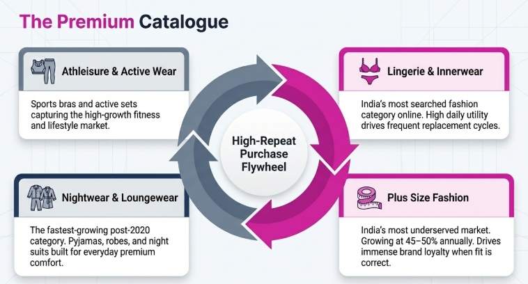 Infographic titled &ldquo;The Premium Catalogue&rdquo; showing four product categories arranged around a circular &ldquo;High-Repeat Purchase Flywheel.&rdquo; Categories include Athleisure & Active Wear (sports bras and active sets for fitness market), Lingerie & Innerwear (high-demand everyday essentials), Nightwear & Loungewear (fast-growing comfort wear like pajamas and robes), and Plus Size Fashion (underserved segment driving strong loyalty). The circular arrows emphasize continuous repeat purchases across these categories.