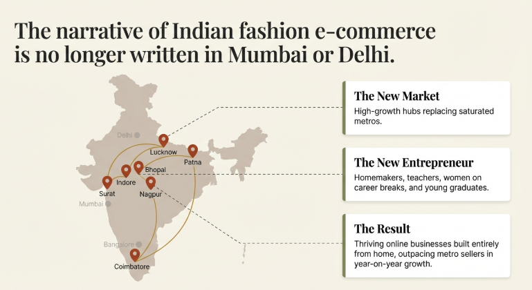 Infographic showing growth of fashion ecommerce in Tier 2 and Tier 3 Indian cities like Lucknow, Patna, Indore, Nagpur, Surat, and Coimbatore, highlighting new entrepreneurs building online businesses outside metro cities.