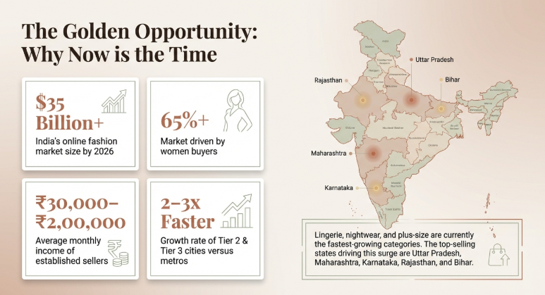 Infographic showing India online fashion market opportunity with $35 billion market size, 65% women buyers, ₹30,000&ndash;₹2,00,000 seller income potential, and fastest growth in Tier 2 and Tier 3 cities with top states highlighted on the India map.