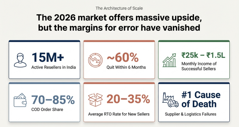 Indian online reselling market statistics 2026 showing 15M+ resellers, 60% quitting within six months, ₹25k&ndash;₹1.5L monthly income for successful sellers, 70&ndash;85% COD orders, and 20&ndash;35% RTO rates.