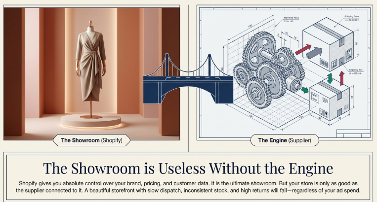 Split illustration showing a fashion product displayed in a Shopify storefront on the left and a supplier logistics system with gears and shipping flow on the right, connected by a bridge, emphasizing that a Shopify store depends on a strong backend supply chain to succeed.