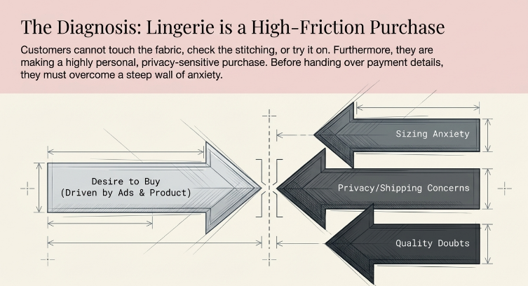 Diagram showing customer purchase friction in lingerie ecommerce, with arrows highlighting barriers such as sizing anxiety, privacy and shipping concerns, and quality doubts blocking the desire to buy.