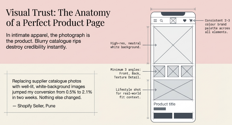 Illustration of an optimized product page layout highlighting high-resolution images, consistent branding, multiple product angles, lifestyle shots, and clean design elements that improve trust and conversion.