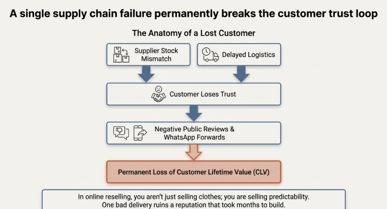 Supply chain failure in online reselling showing how supplier stock mismatch and delayed logistics lead to customer trust loss, negative reviews, and permanent loss of customer lifetime value.