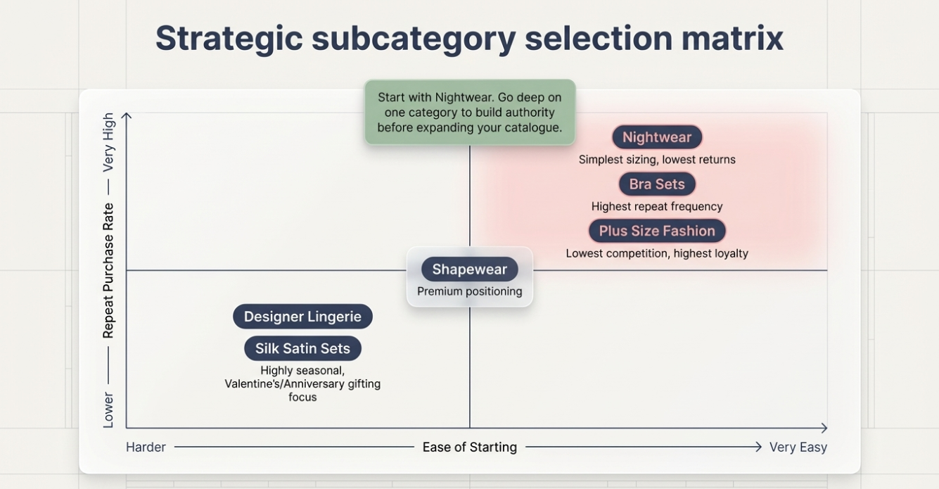 Matrix chart showing lingerie subcategories like nightwear, bra sets, shapewear, and plus size fashion based on ease of starting and repeat purchase rate for dropshipping businesses