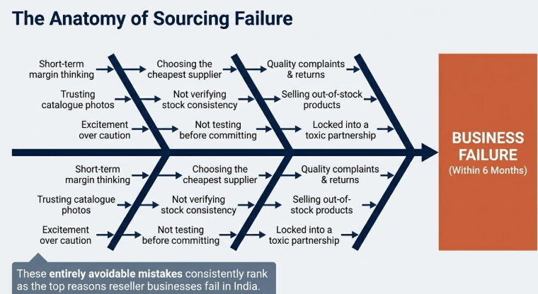 Diagram titled &ldquo;The Anatomy of Sourcing Failure&rdquo; showing a step-by-step flow of common supplier mistakes&mdash;such as short-term margin thinking, choosing the cheapest supplier, trusting catalogue photos, not verifying stock consistency, and not testing before committing&mdash;leading to outcomes like quality complaints, out-of-stock issues, and toxic partnerships, ultimately resulting in business failure within 6 months.