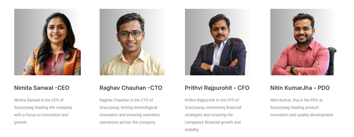 Snazzyway leadership team including CEO Nimita Sanwal, CTO Raghav Chauhan, CFO Prithvi Rajpurohit, and PDO Nitin Kumar Jha