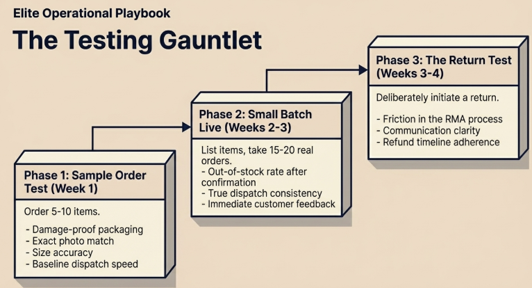 Infographic titled &ldquo;The Testing Gauntlet&rdquo; outlining a three-phase supplier testing process: Phase 1 (Sample Order Test) involves ordering 5&ndash;10 items to check packaging, product accuracy, sizing, and dispatch speed; Phase 2 (Small Batch Live) involves listing items and analyzing real orders for stock consistency, dispatch reliability, and customer feedback; Phase 3 (Return Test) involves initiating a return to evaluate the RMA process, communication clarity, and refund timelines.