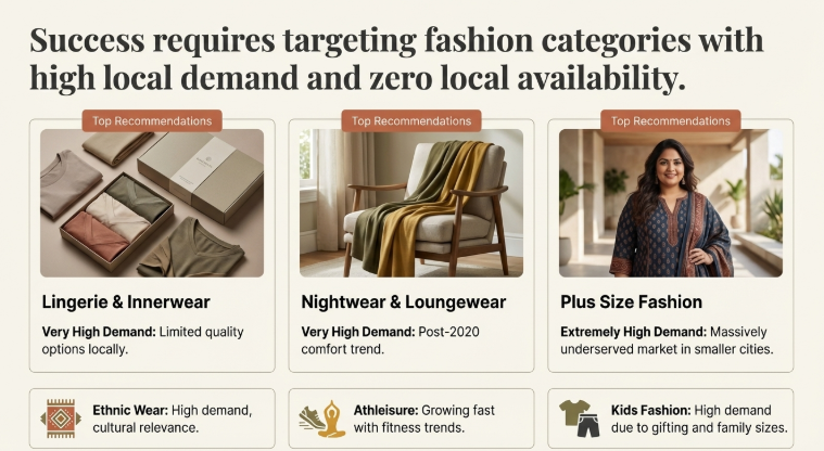 Infographic highlighting high-demand fashion categories in Tier 2 and Tier 3 India including lingerie, nightwear, loungewear, plus size fashion, ethnic wear, athleisure, and kids fashion.