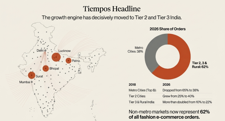 Infographic showing Tier 2 and Tier 3 India driving fashion ecommerce growth with 62% of total orders by 2026 compared to metro cities.