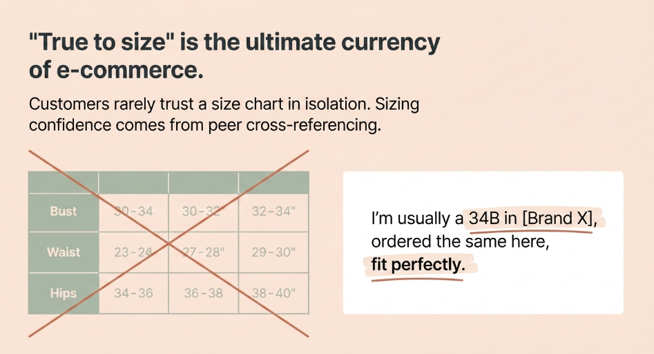 Snazzyway illustration showing how customer reviews help shoppers compare sizing across brands and choose the right fit