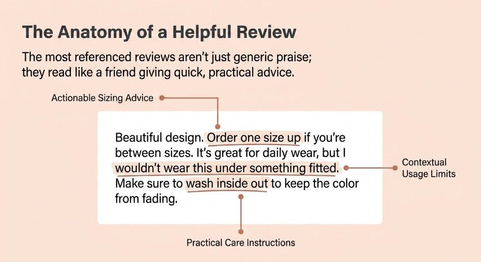 Snazzyway illustration showing the key elements of a helpful review, including sizing advice, usage context, and practical care instructions