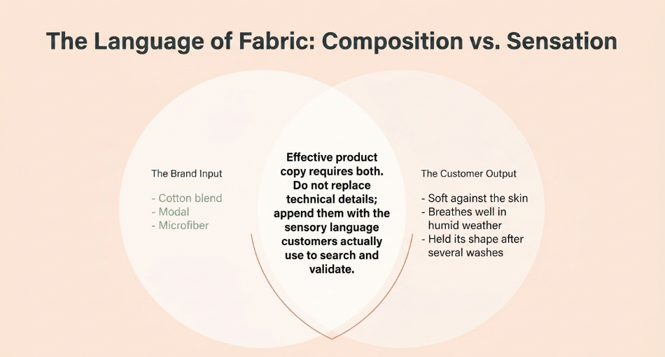 Snazzyway illustration comparing technical fabric composition with customer descriptions of softness, breathability, and wash durability