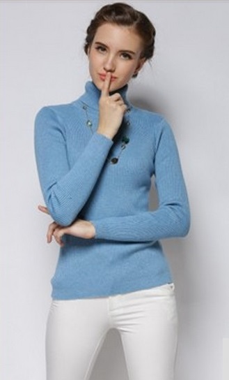 Women's Cool Stripes Lake Blue High Neck Sweater 1