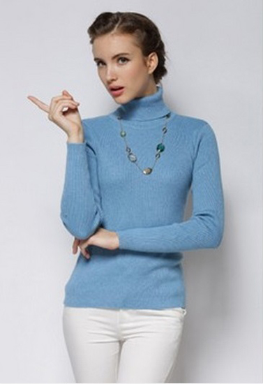 Women's Cool Stripes Lake Blue High Neck Sweater