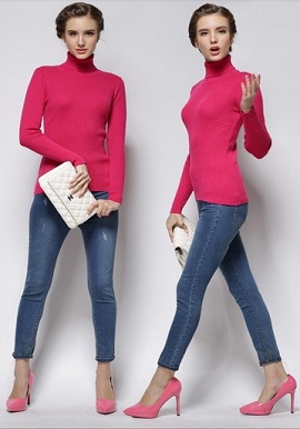 Women's Relaxed Wool Turtle Neck Sweater With Rib Trim