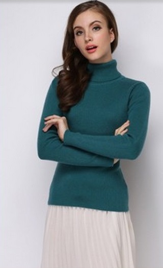 Women’s Super Soft Woollen Peocack Blue High Neck Sweater.