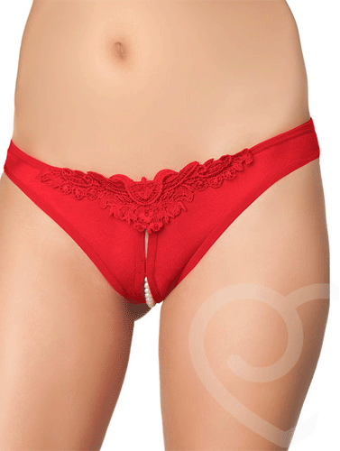 Romantic Red Crotchless Lace Thong With Pearls