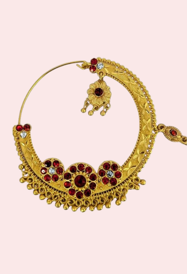 The Traditional Pahadi Nath – Kumauni & Garhwali Jewelry is a beautiful nose ring that reflects the rich cultural heritage of the Kumaon and Garhwal regions.