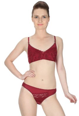 Attractive Maroon Floral Lace Bra Panty Set