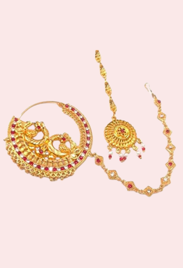 Garhwali Gold Plated Bridal Nose Ring with Chain