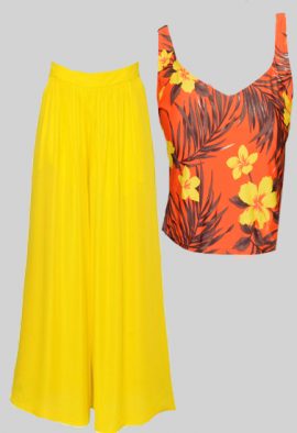 Floral Orange Crop Top With Yellow Palazzo