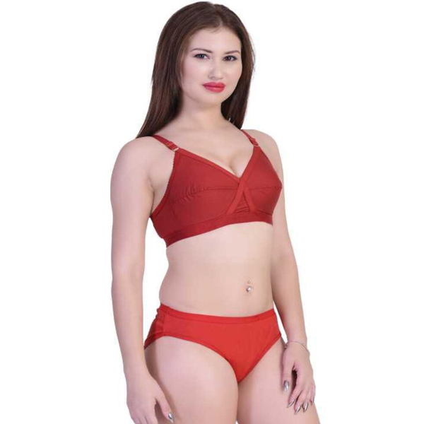 Solid Red Pure Cotton Bra Panty Set for humid weather, Snazzyway