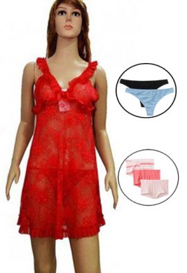 Sexy Red Lace Babydoll Honeymoon Nightwear With Thong