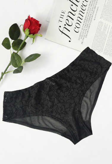Black Shinny Floral Print Lace Brief