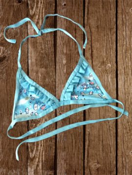 Sky Blue Cartoon Print Ruffle Details Halter Bikini Top
