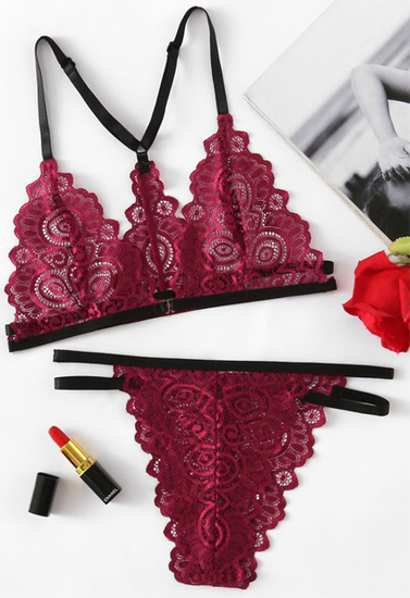 Sheln Maroon Lace Strappy Lingerie Set(Snazzyway.com)