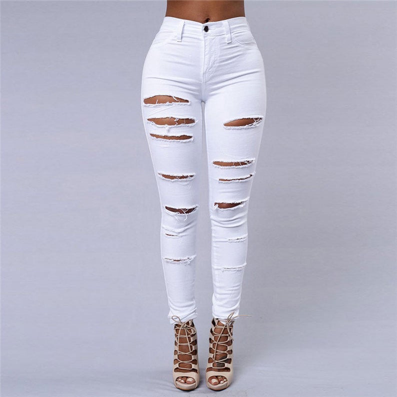 Women Fashion High Waist Solid Color Elegant Ripped Jeans