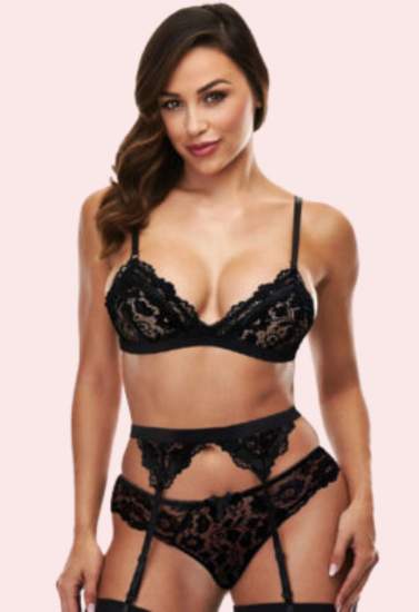 Exotic black lace bra set with garter belt