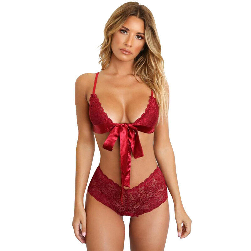 Red Floral Lace Non Padded Bralette Set