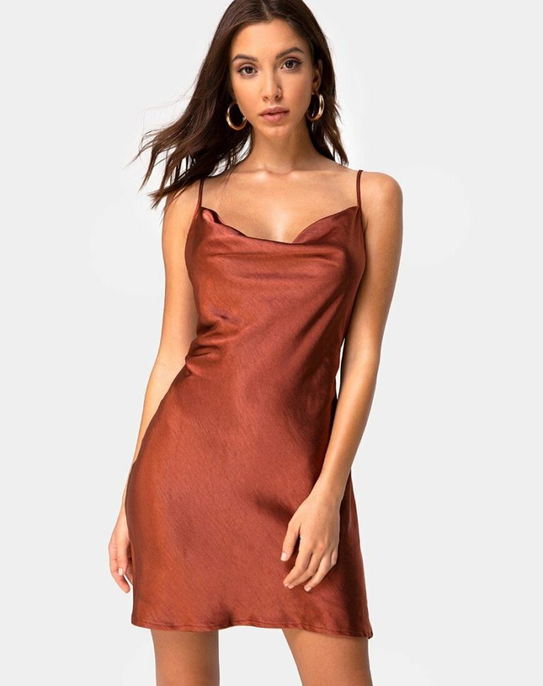 Elegant Dark Rust Satin Slip Dress Online India | Snazzyway