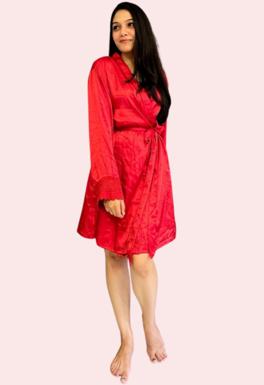 Red Silk Satin Robe with Elegant Lace Trim