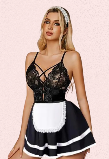 Black Lace Sexy Maid Costume with Apron for Women